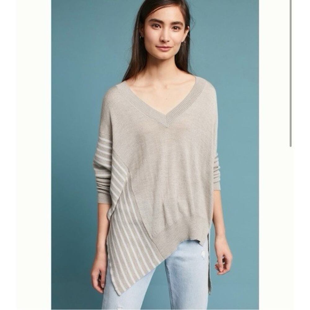 27 Miles Asymmetrical Grey Cream V Neck Oversized Sweater Cashmere Small